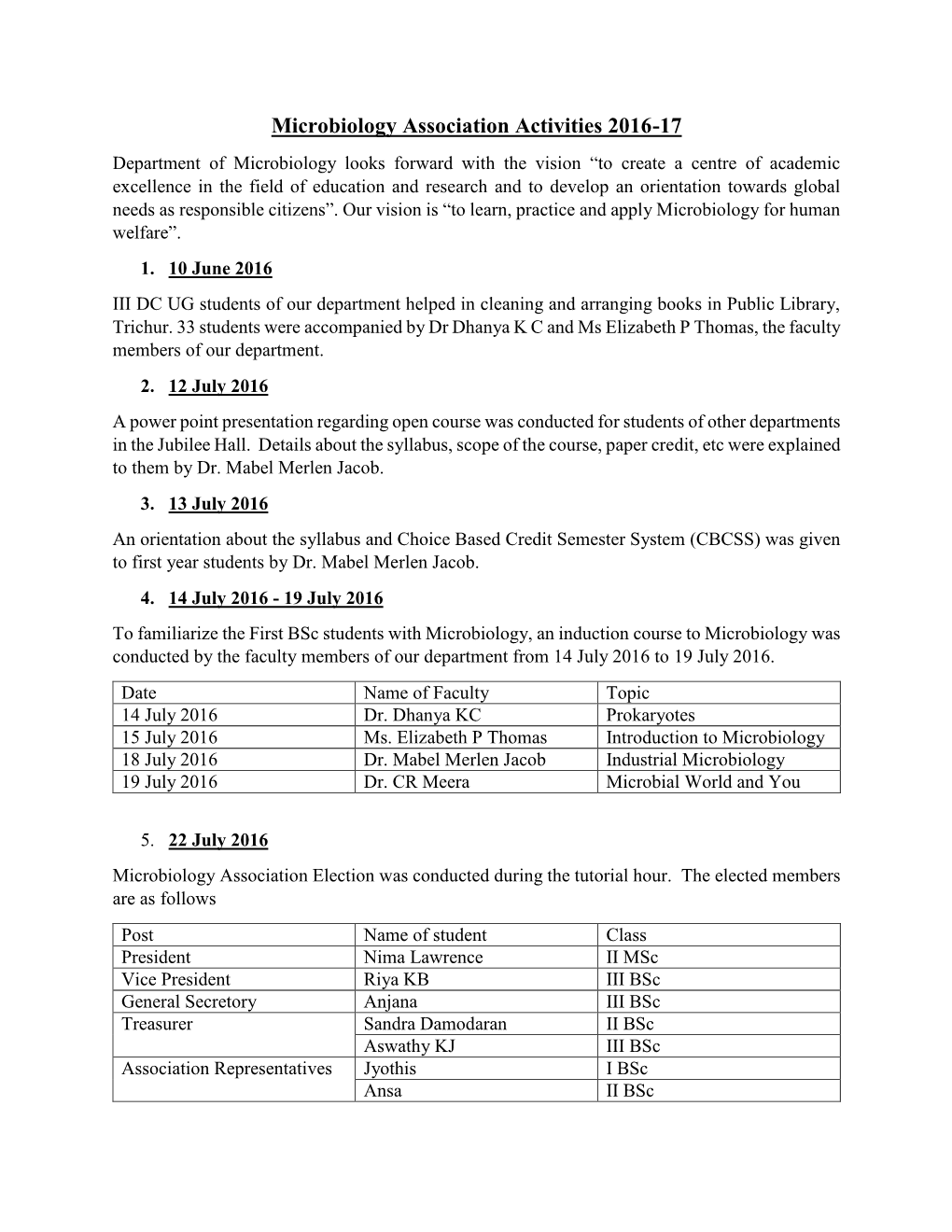 Microbiology Association Activities 2016-17