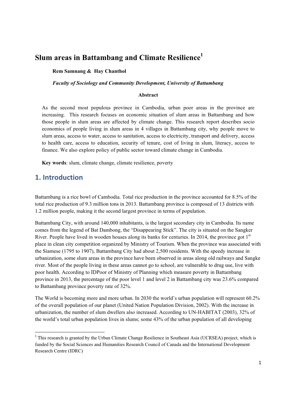 Slum Areas in Battambang and Climate Resilience 1. Introduction