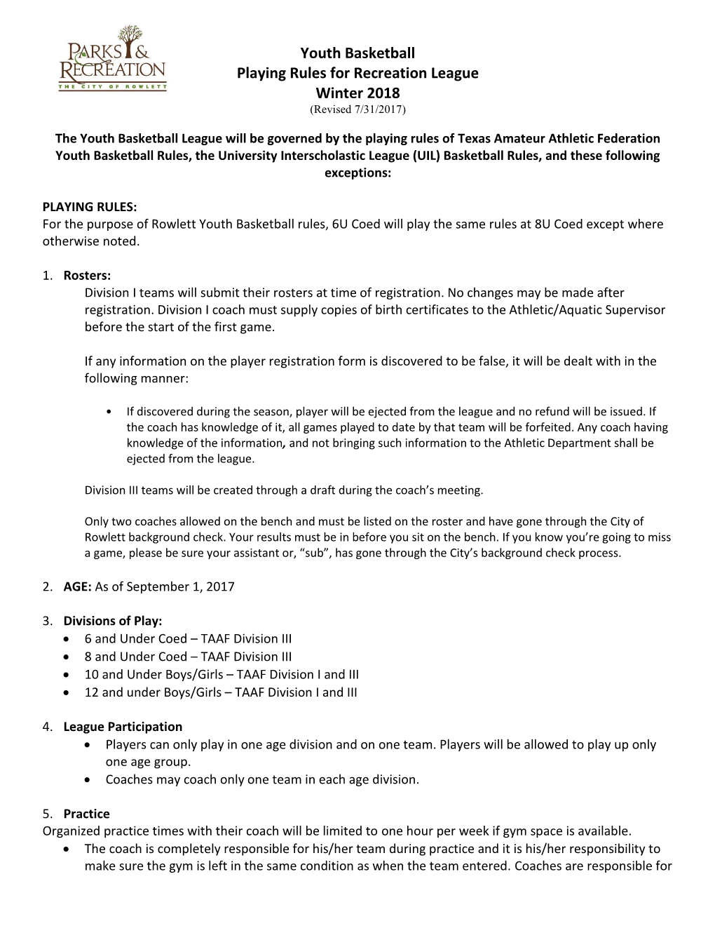 Youth Basketball Playing Rules for Recreation League Winter 2018 (Revised 7/31/2017)
