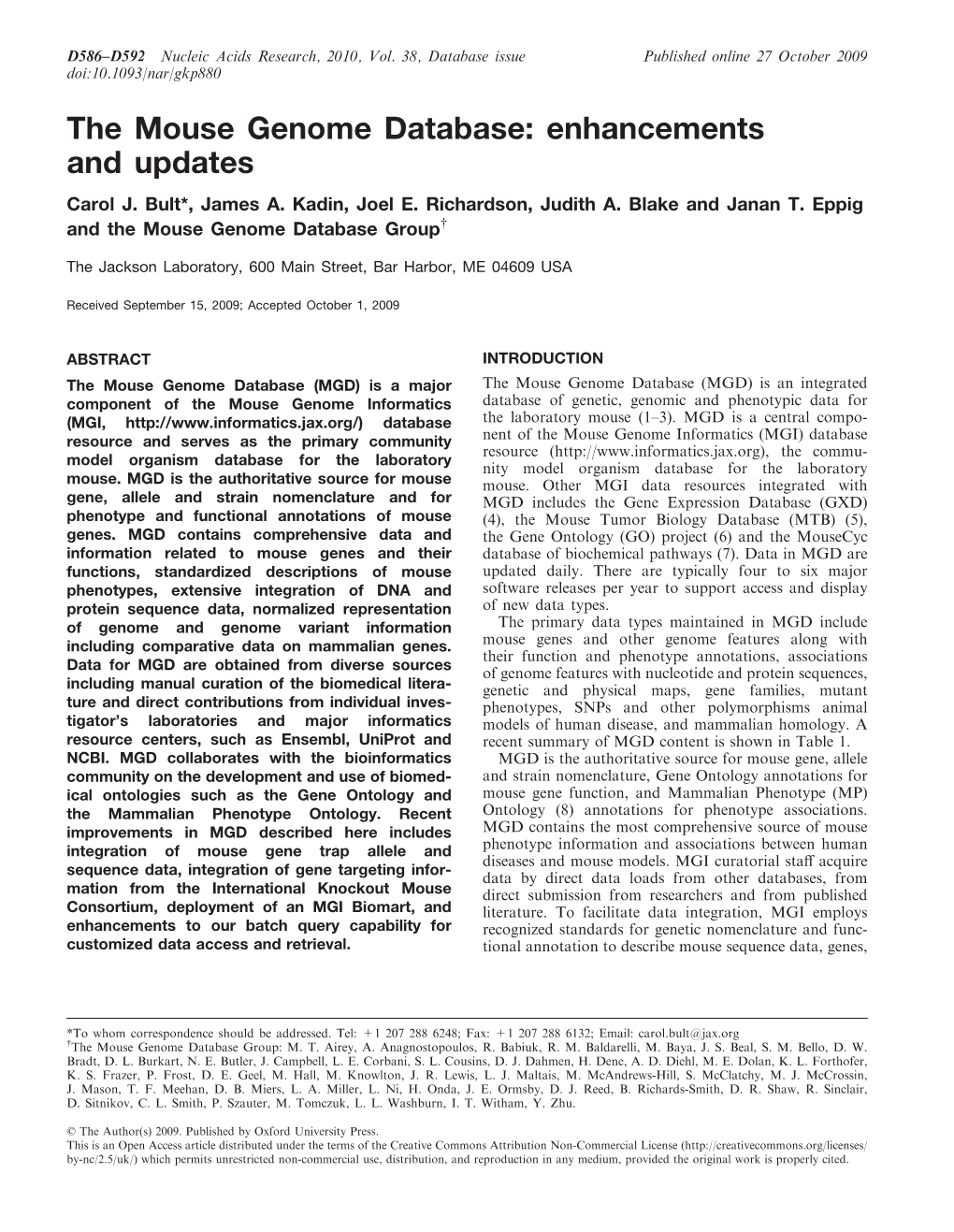 The Mouse Genome Database: Enhancements and Updates Carol J