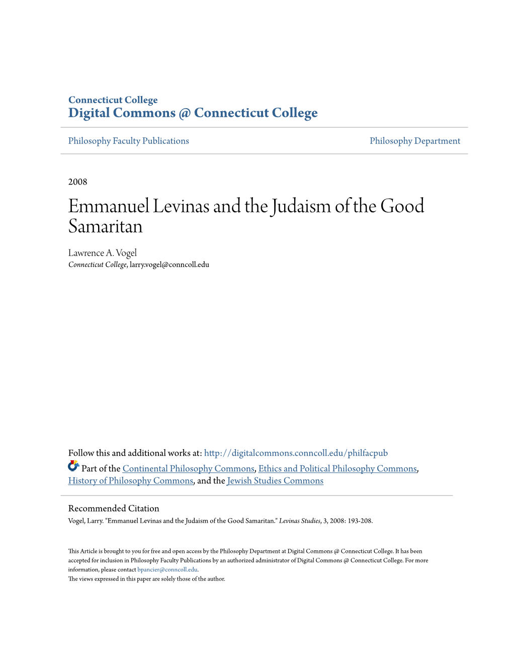 Emmanuel Levinas and the Judaism of the Good Samaritan Lawrence A