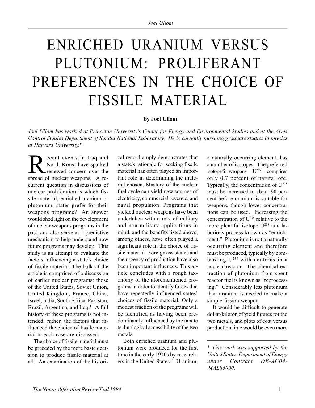 Npr 2.1: Enriched Uranium Versus Plutonium