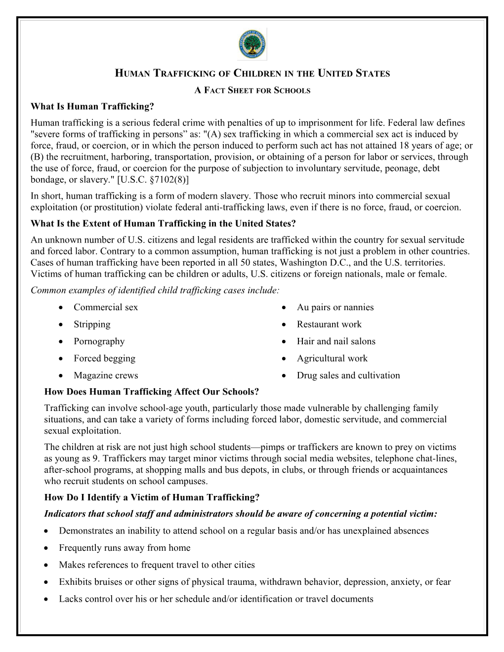 TIP Fact Sheet for Human Trafficing of Children (MS Word)