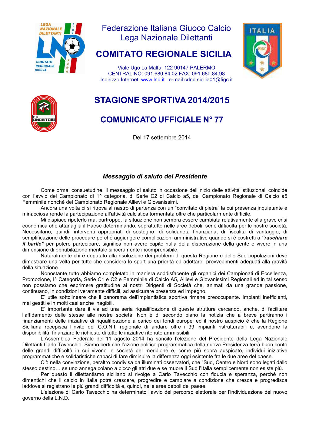 Comitato Regionale Sicilia Stagione Sportiva2014/2015