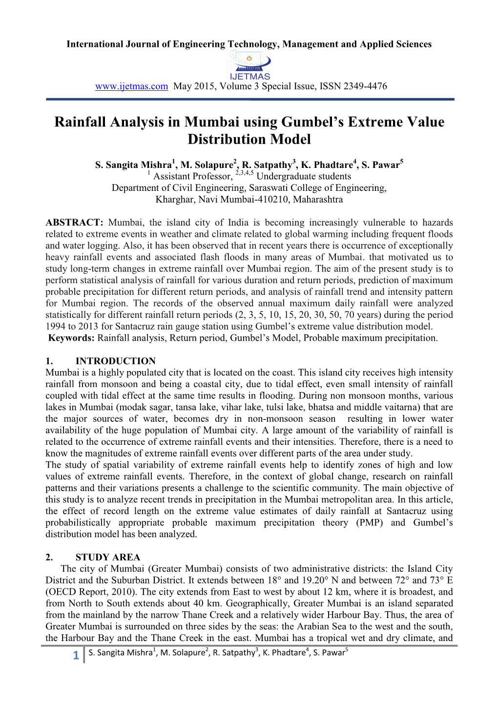 Rainfall Analysis in Mumbai Using Gumbel's Extreme Value