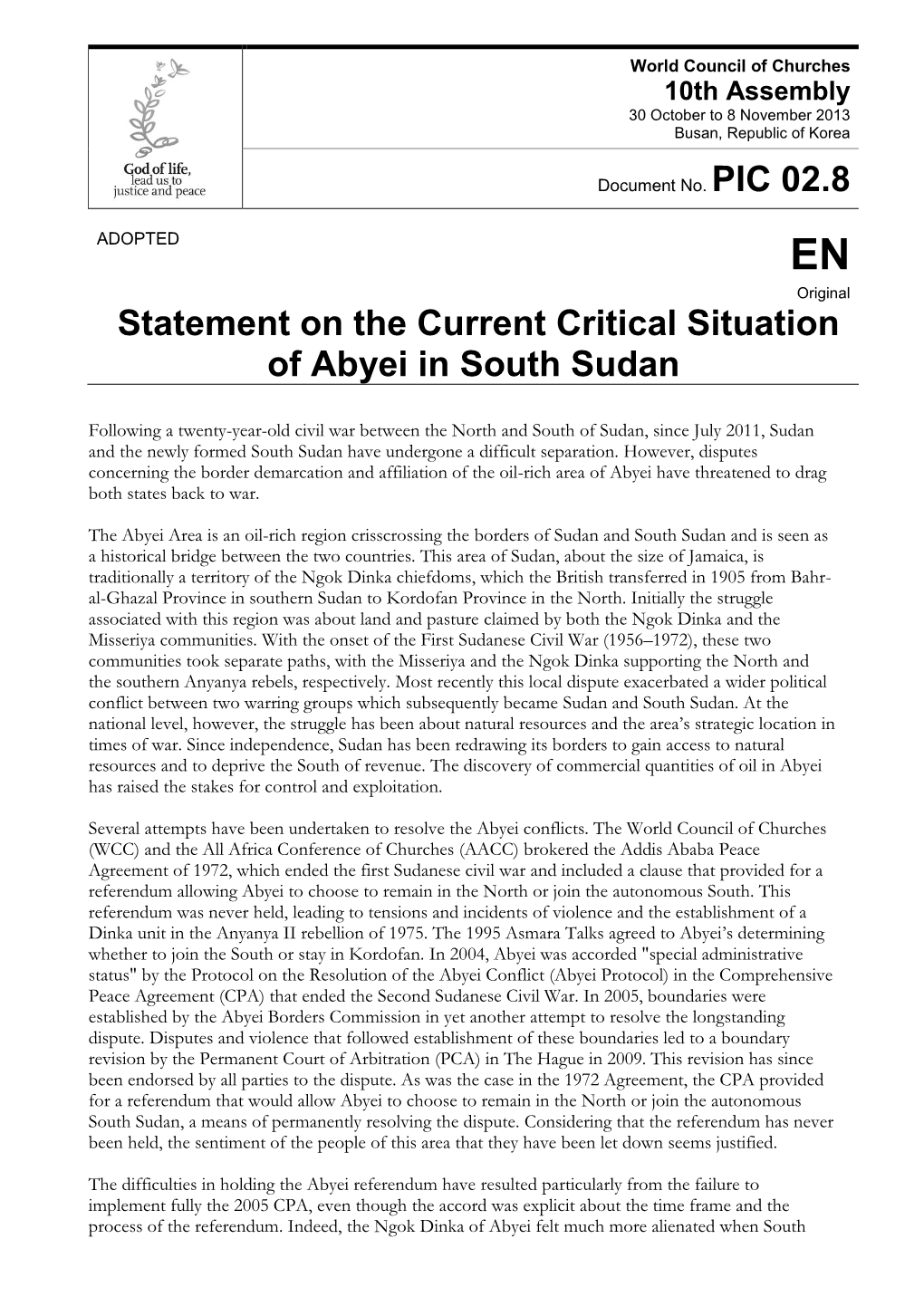 Statement on the Current Critical Situation of Abyei in South Sudan