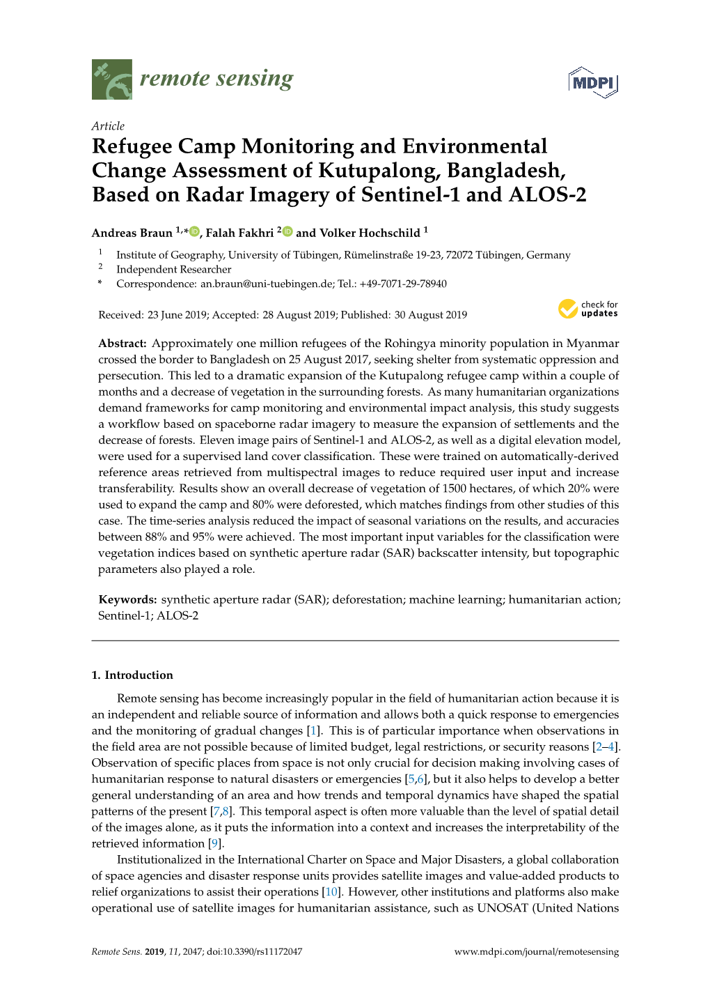 Refugee Camp Monitoring and Environmental Change Assessment of Kutupalong, Bangladesh, Based on Radar Imagery of Sentinel-1 and ALOS-2