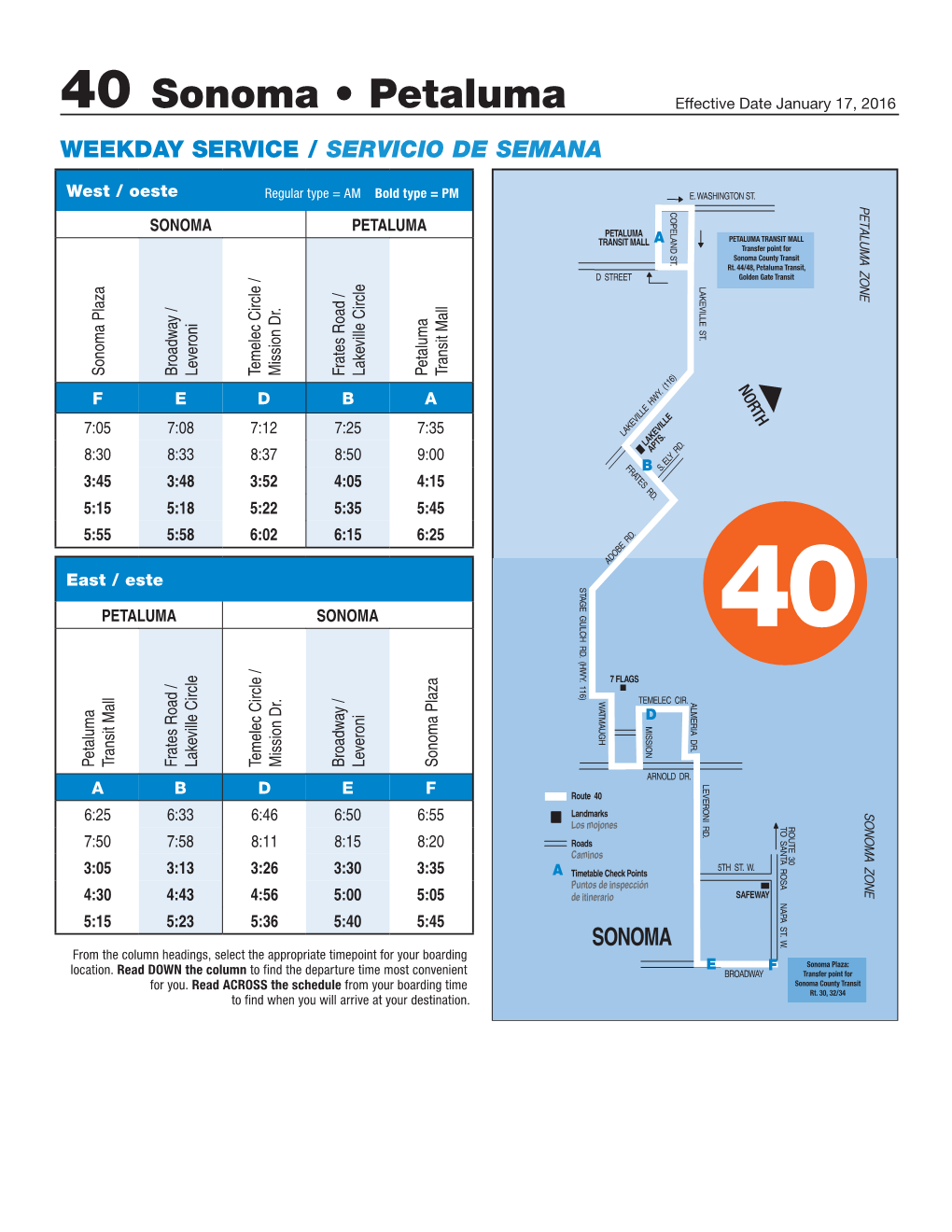 Sonoma County Transit Bus Schedule for Route 40 Sonoma, Petaluma