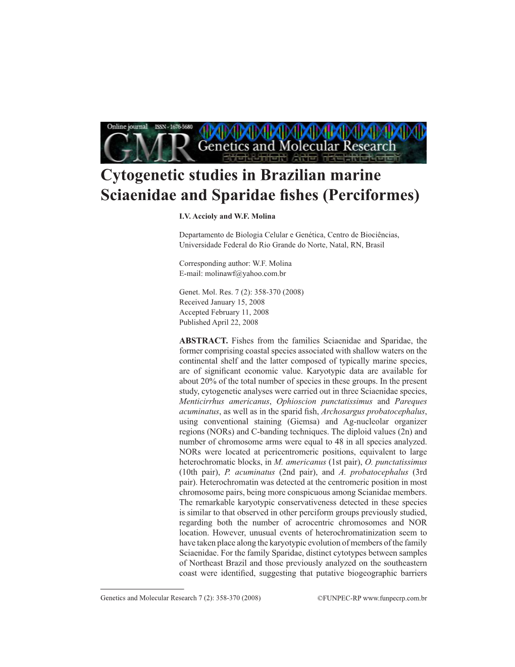 Cytogenetic Studies in Brazilian Marine Sciaenidae and Sparidae Fishes (Perciformes)