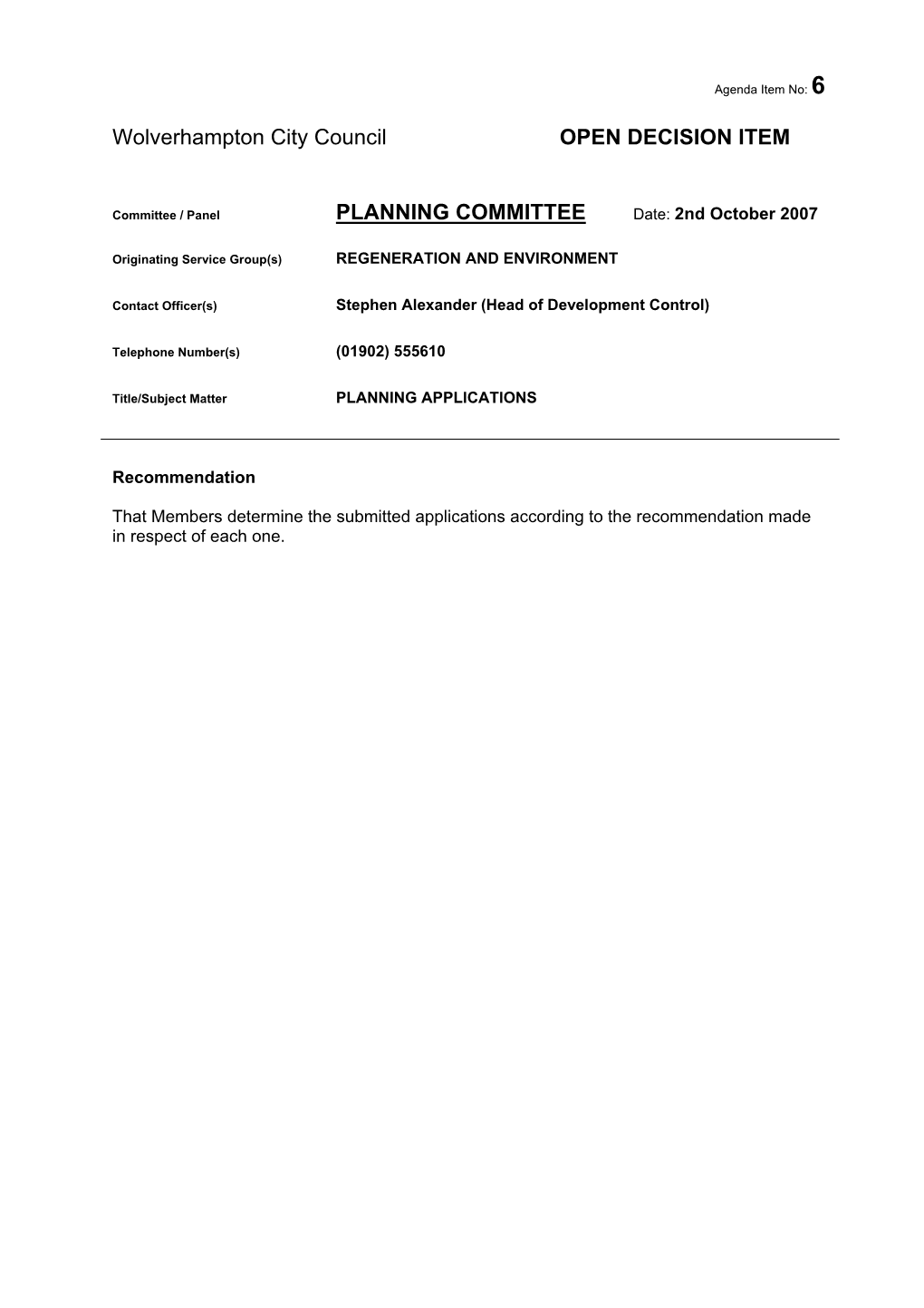 Wolverhampton City Council OPEN DECISION ITEM