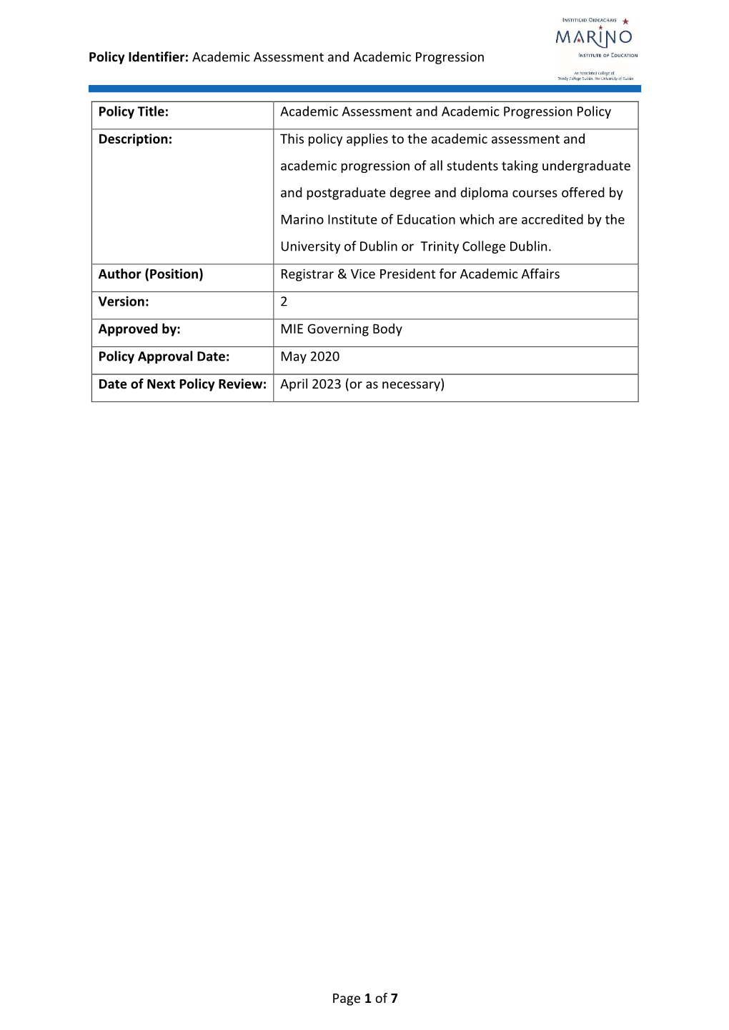 Academic Assessment and Progression