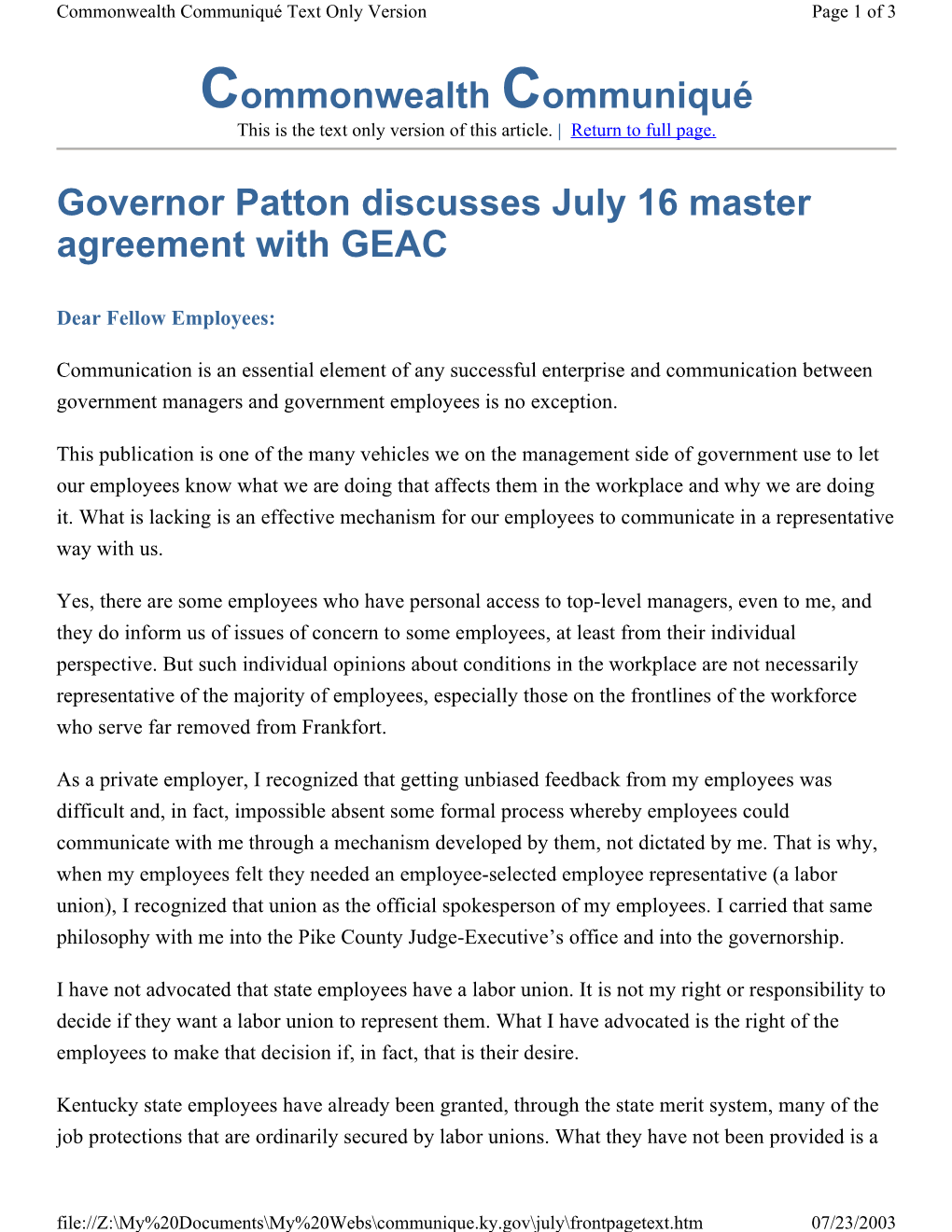 Commonwealth Communiqué Governor Patton Discusses July 16 Master Agreement with GEAC