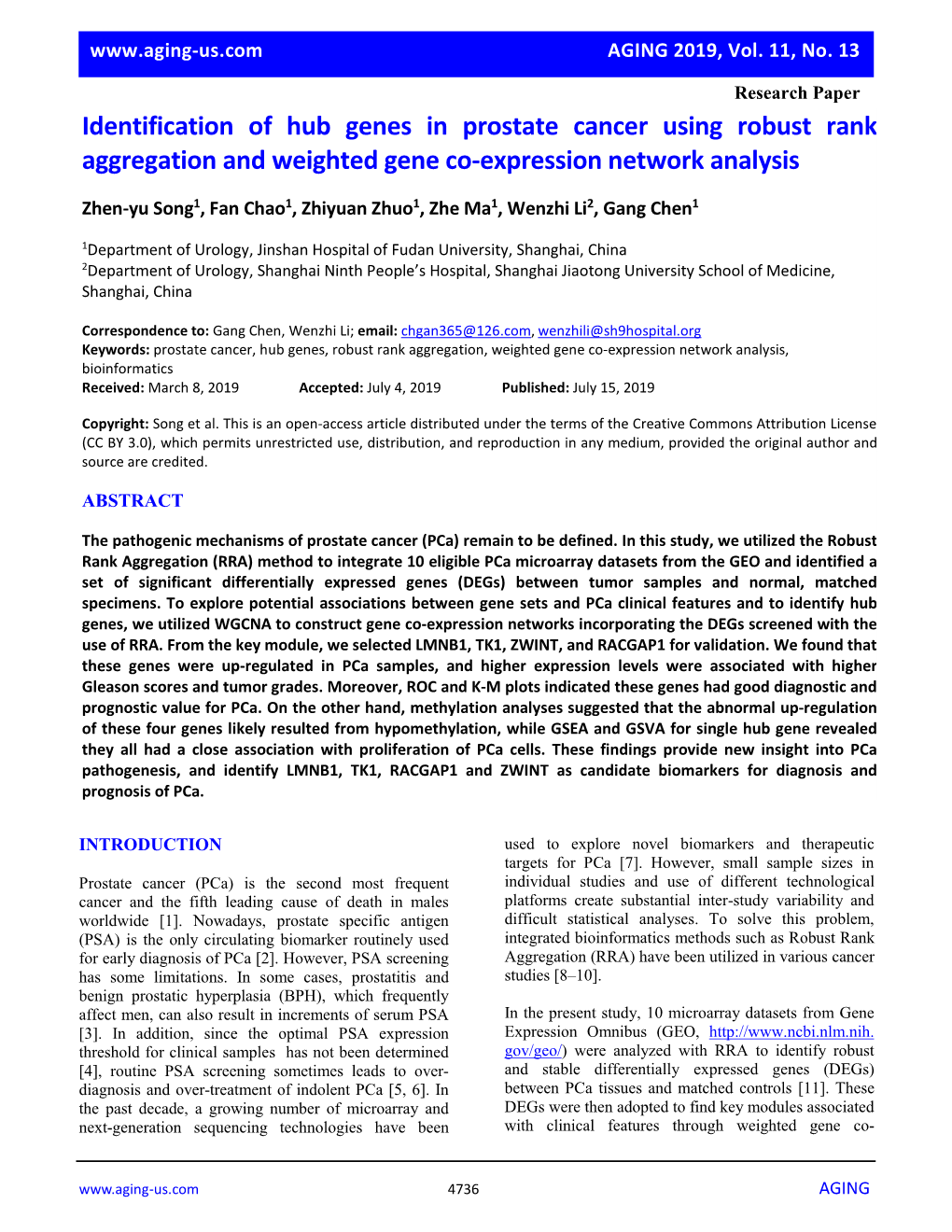 Identification of Hub Genes in Prostate Cancer Using Robust Rank Aggregation and Weighted Gene Co-Expression Network Analysis