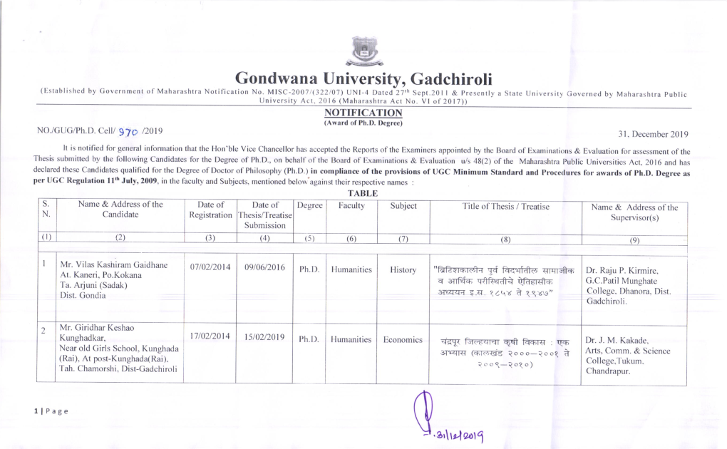 Gondwana University, Gadchiroli (Established by Goyernment of Maharashtra Notification No