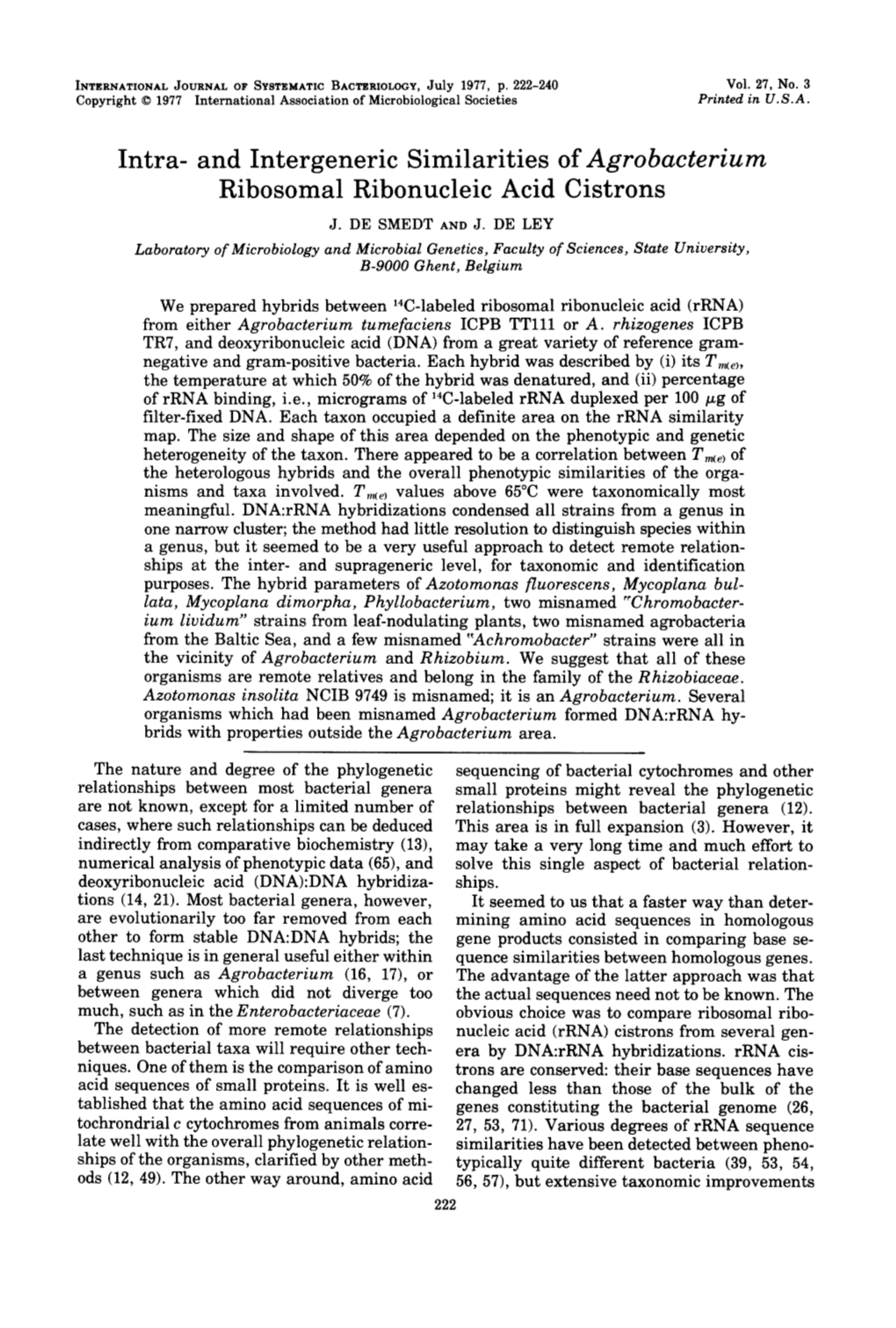 And Intergeneric Similarities of Agrobacterium Ribosomal Ribonucleic Acid Cistrons