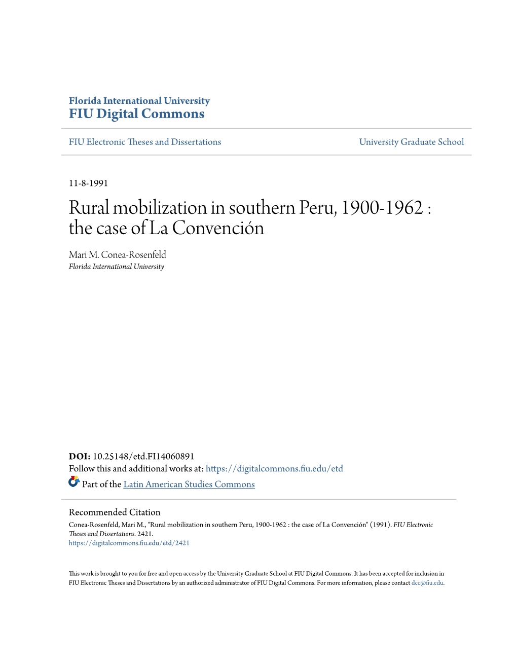 Rural Mobilization in Southern Peru, 1900-1962 : the Case of La Convención Mari M