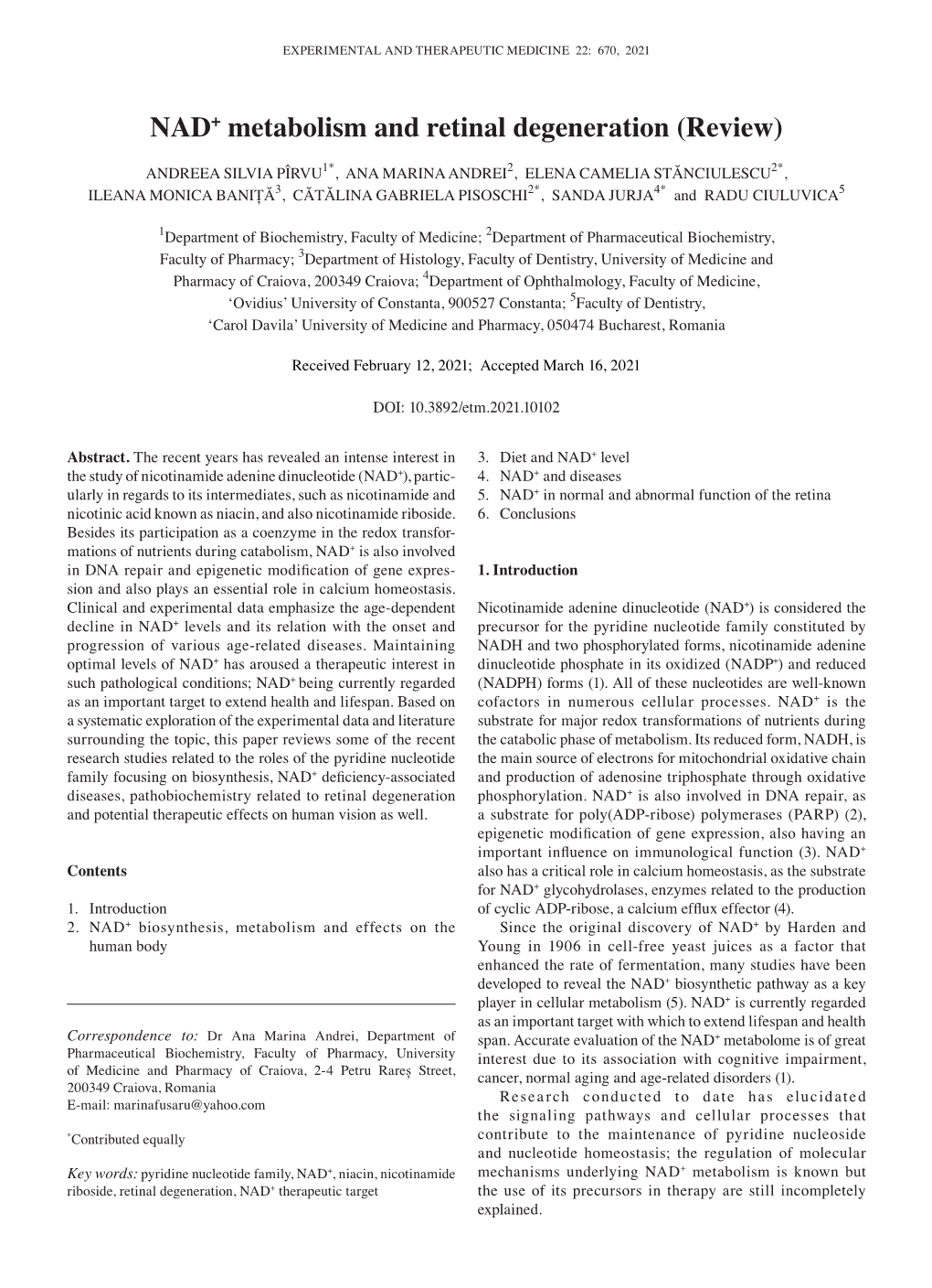 NAD+ Metabolism and Retinal Degeneration (Review)