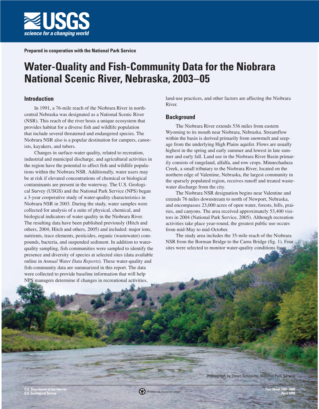 Water-Quality and Fish-Community Data for the Niobrara National Scenic River, Nebraska, 2003–05