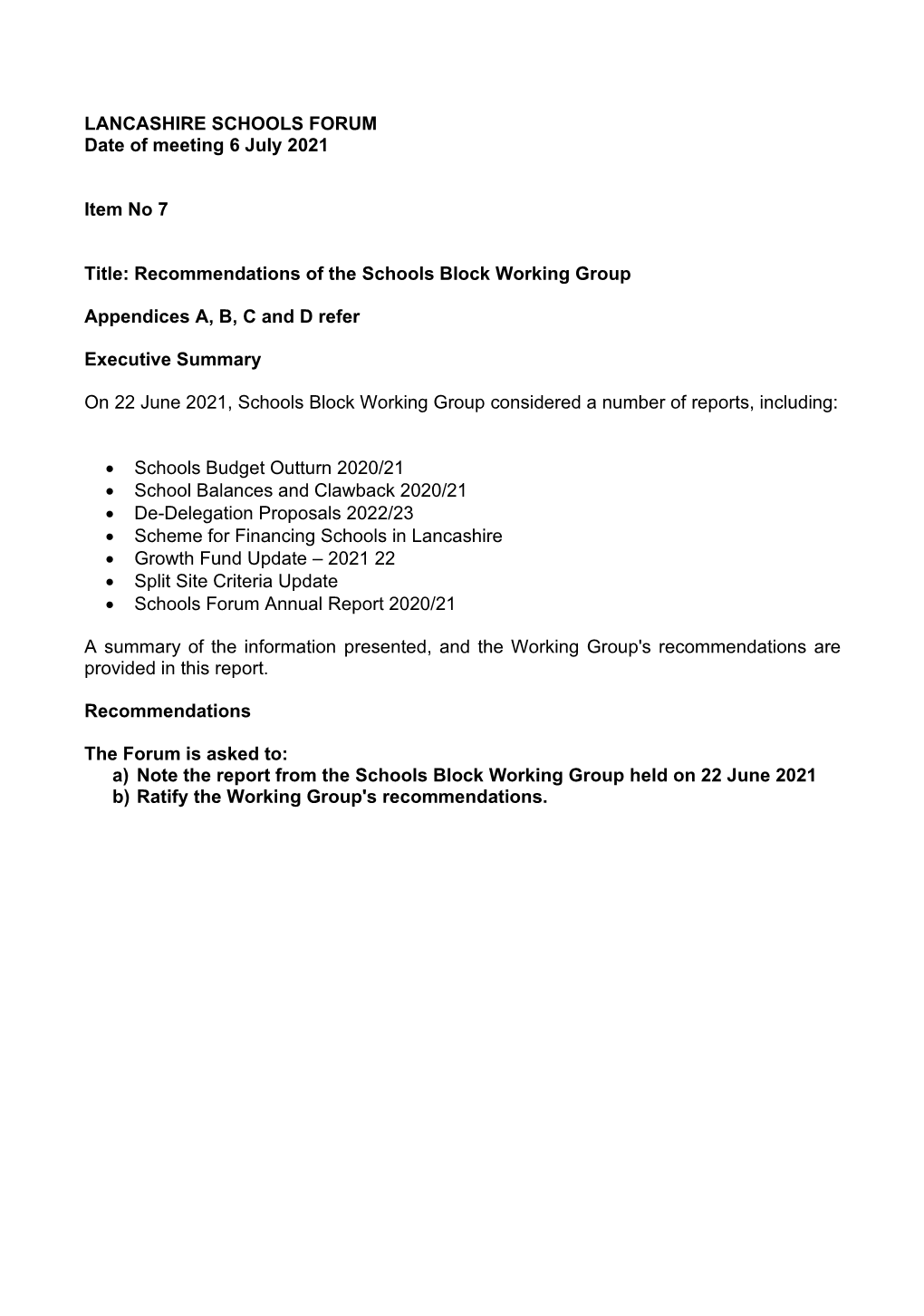 Recommendations of the Schools Block Working Group