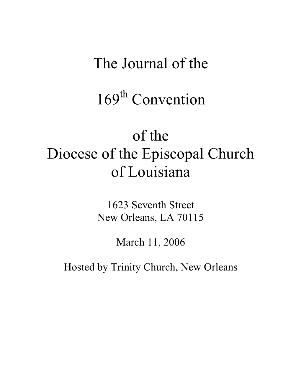 The Journal of the 169 Convention of the Diocese of the Episcopal
