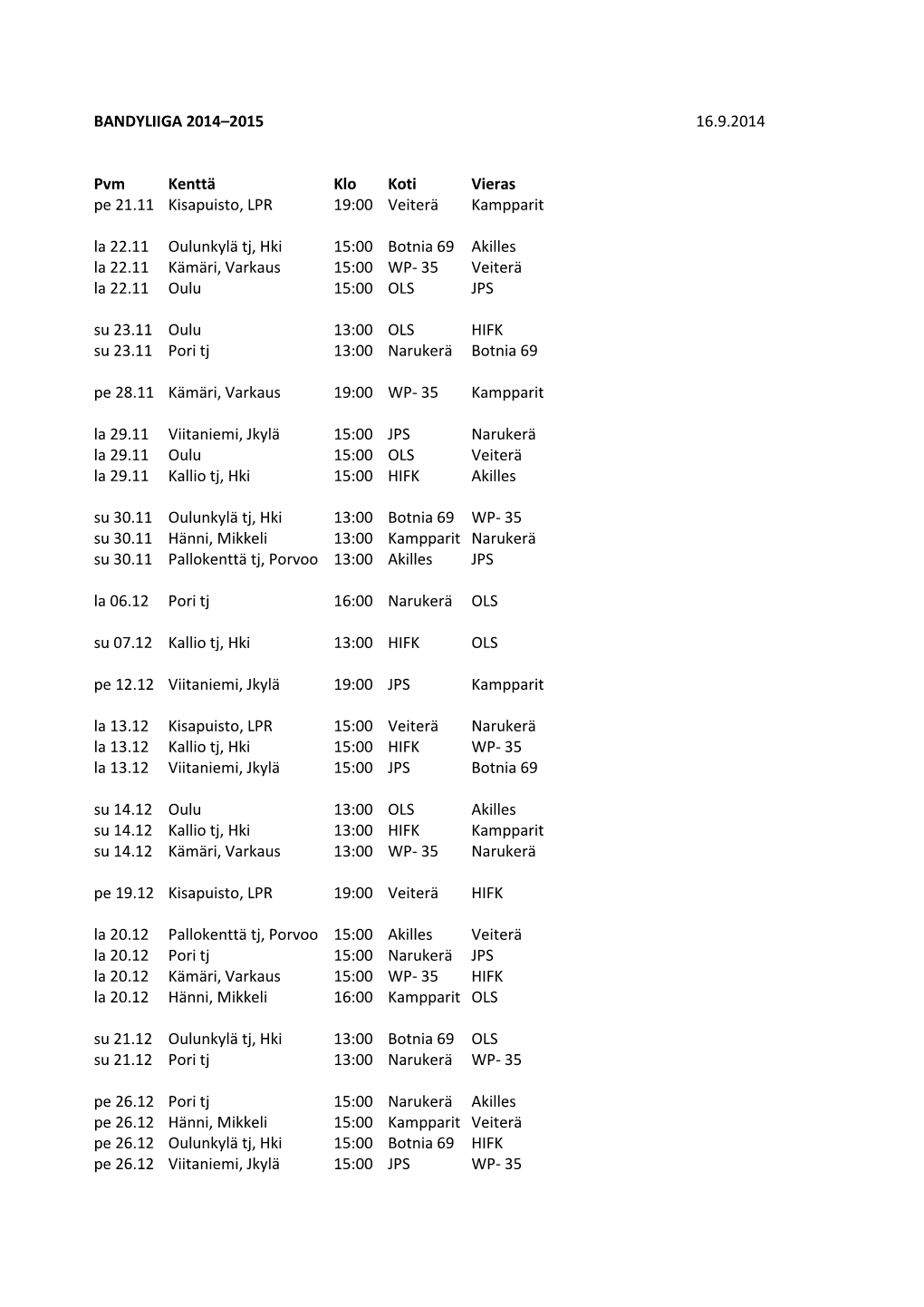 Bandyliiga 2014–2015 16.9.2014