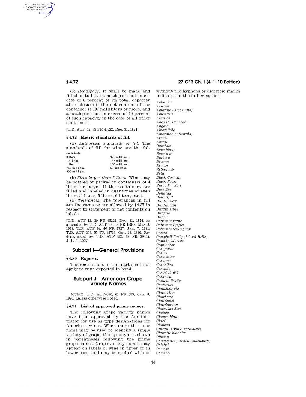 44 Subpart I—General Provisions Subpart J—American Grape Variety