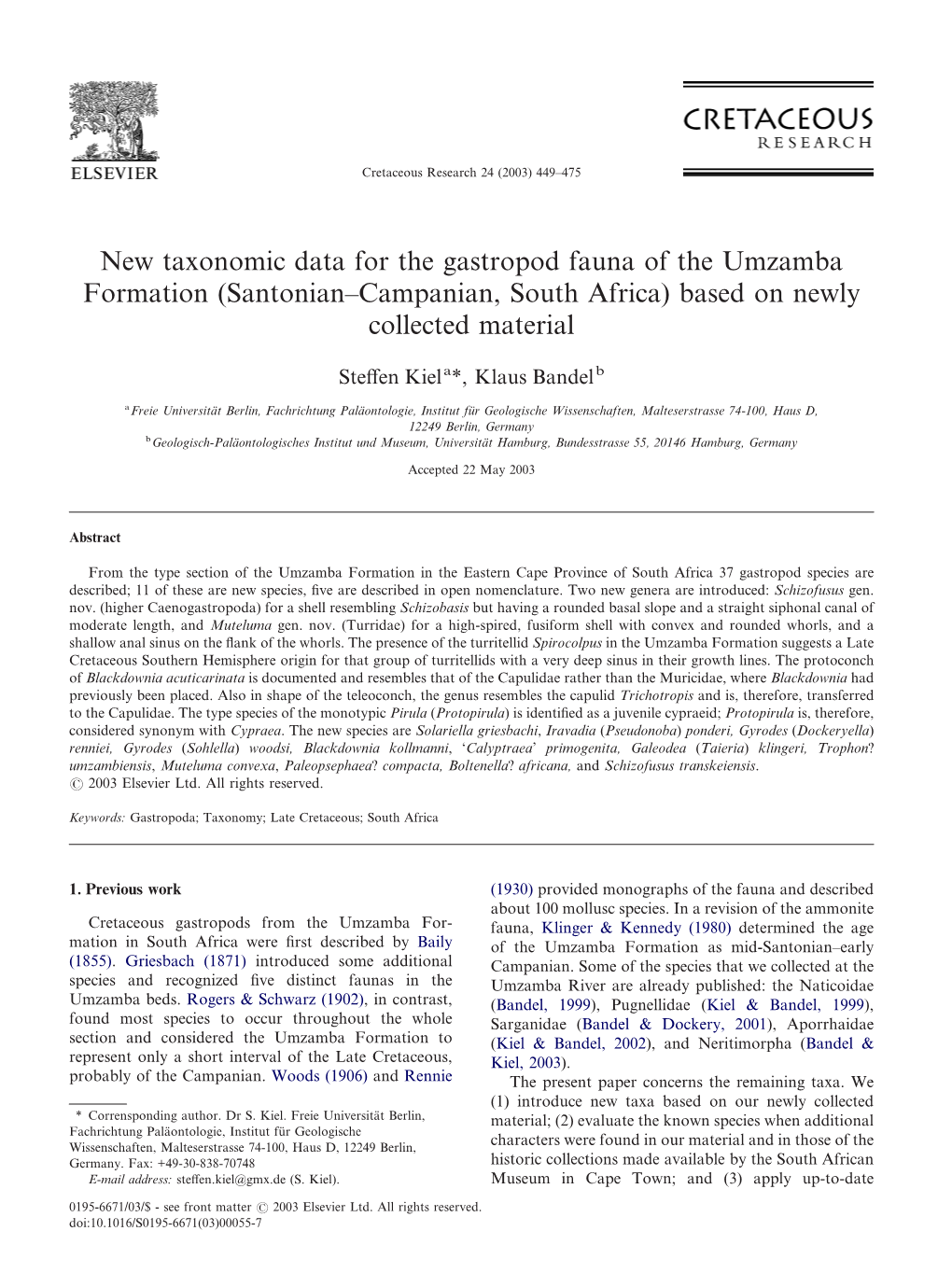 New Taxonomic Data for the Gastropod Fauna of the Umzamba Formation (Santonian–Campanian, South Africa) Based on Newly Collected Material