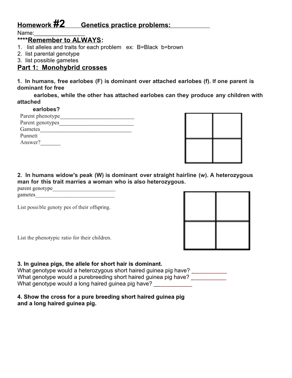 Homework #2 Genetics Practice Problems: Name:______