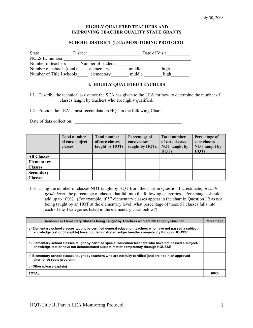 Local Educational Agency Monitoring Protocol for the Highly Qualified Teachers and Improving