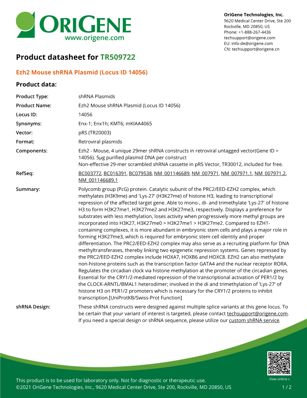 Ezh2 Mouse Shrna Plasmid (Locus ID 14056) – TR509722 | Origene