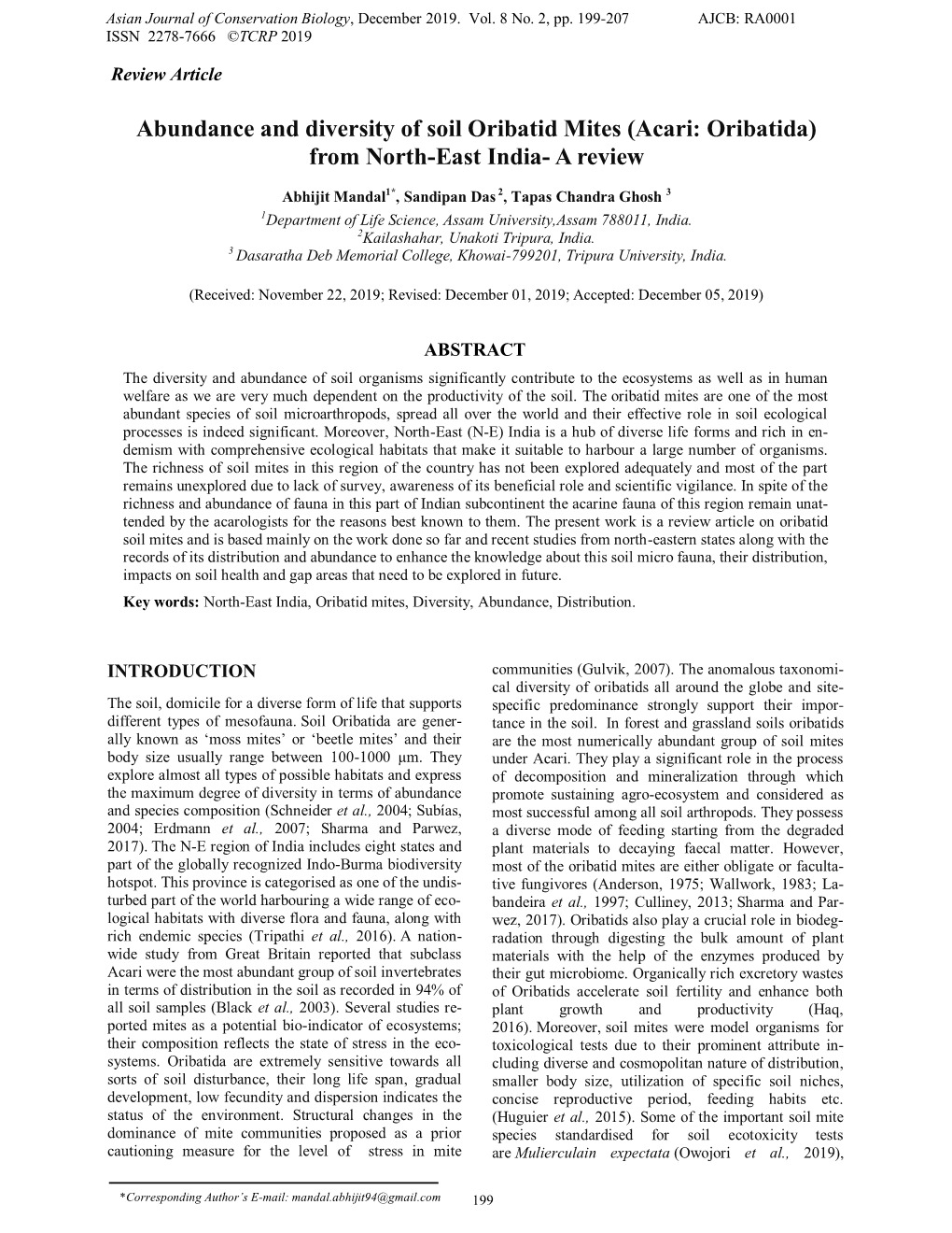 Abundance and Diversity of Soil Oribatid Mites (Acari: Oribatida) from North-East India- a Review