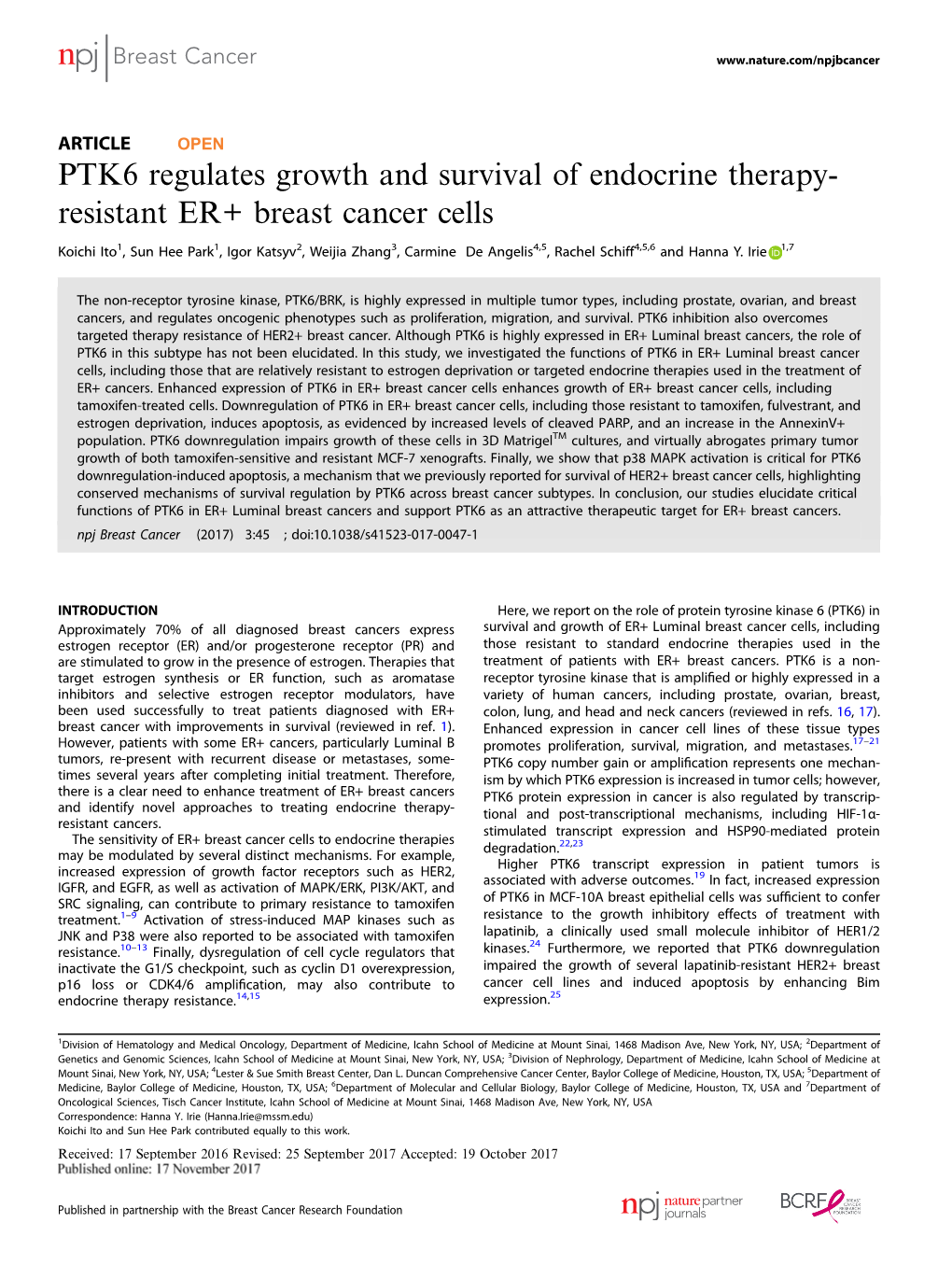 PTK6 Regulates Growth and Survival of Endocrine Therapy-Resistant ER+