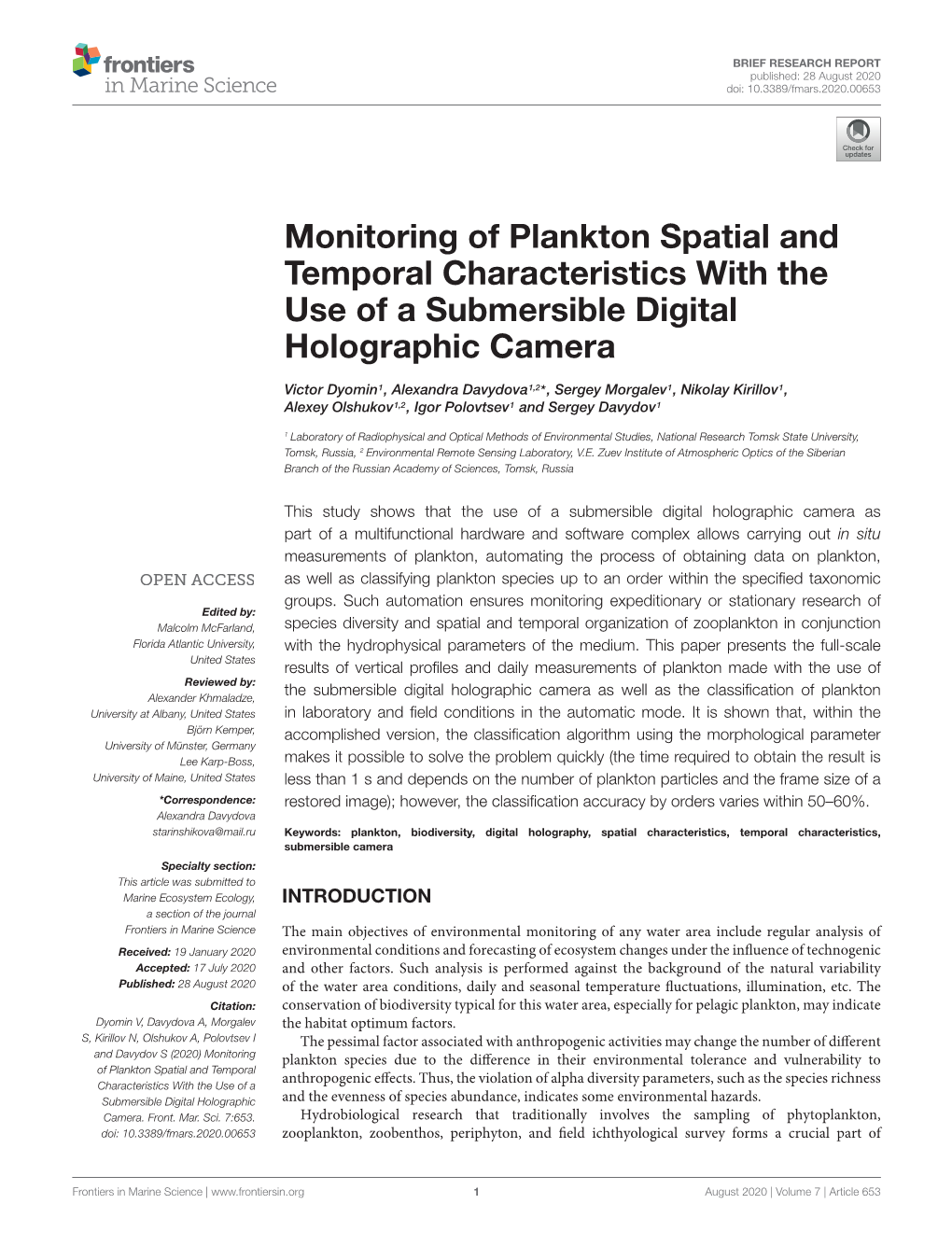 Monitoring of Plankton Spatial and Temporal Characteristics with the Use of a Submersible Digital Holographic Camera