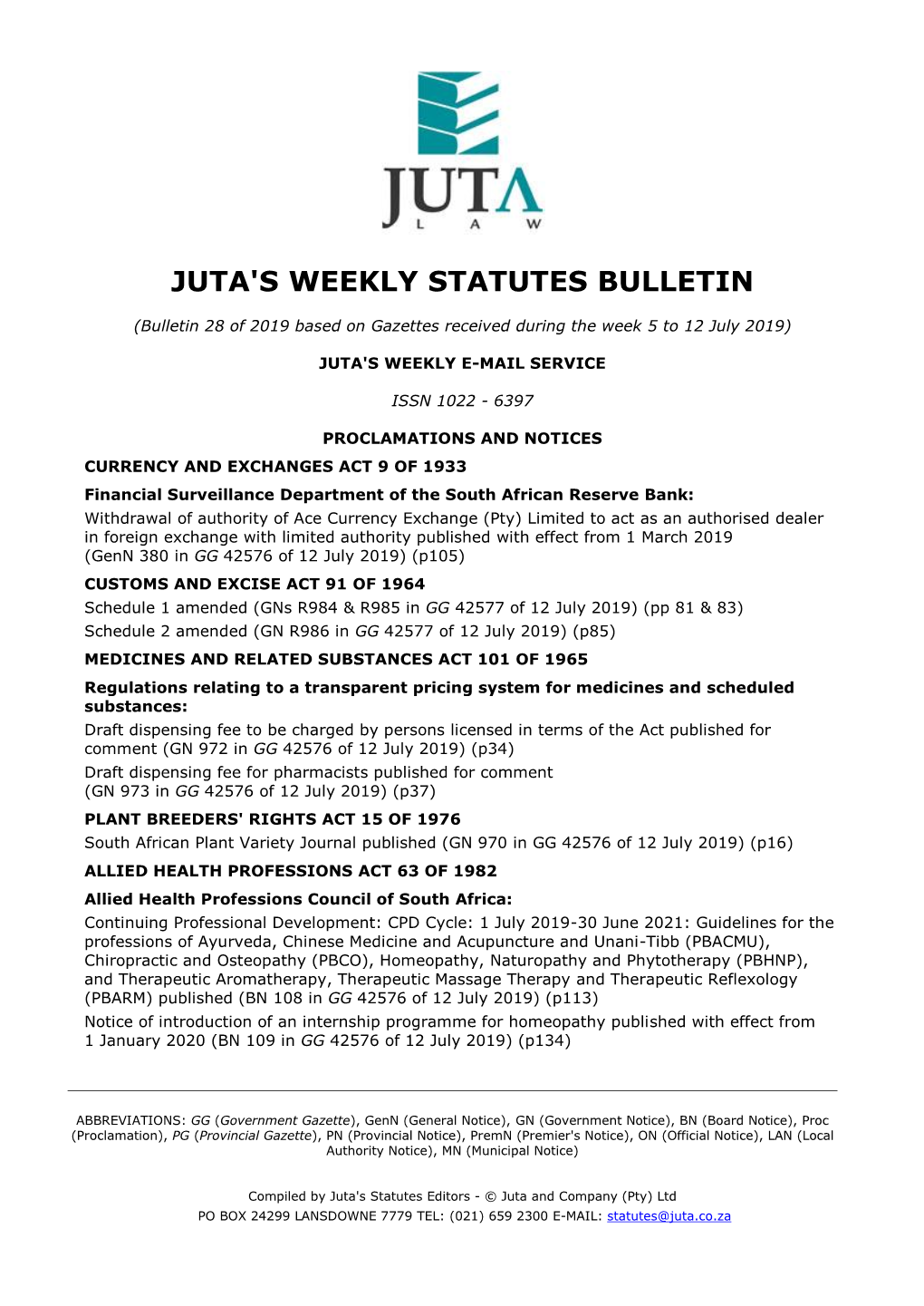 Juta's Weekly Statutes Bulletin