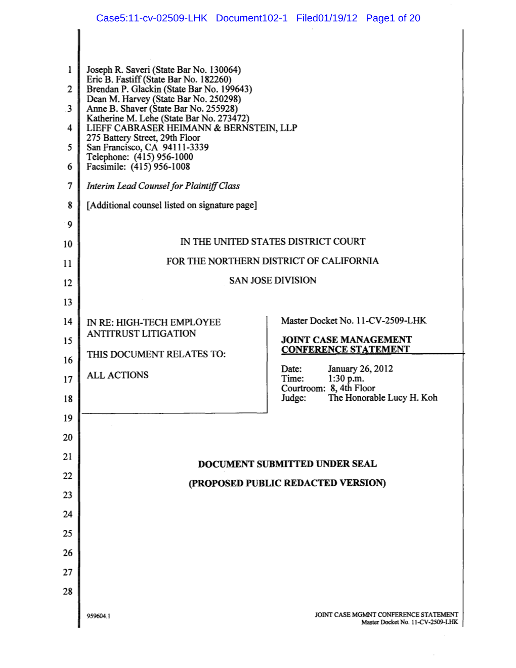 Case5:11-Cv-02509-LHK Document102-1 Filed01/19/12 Page1 of 20