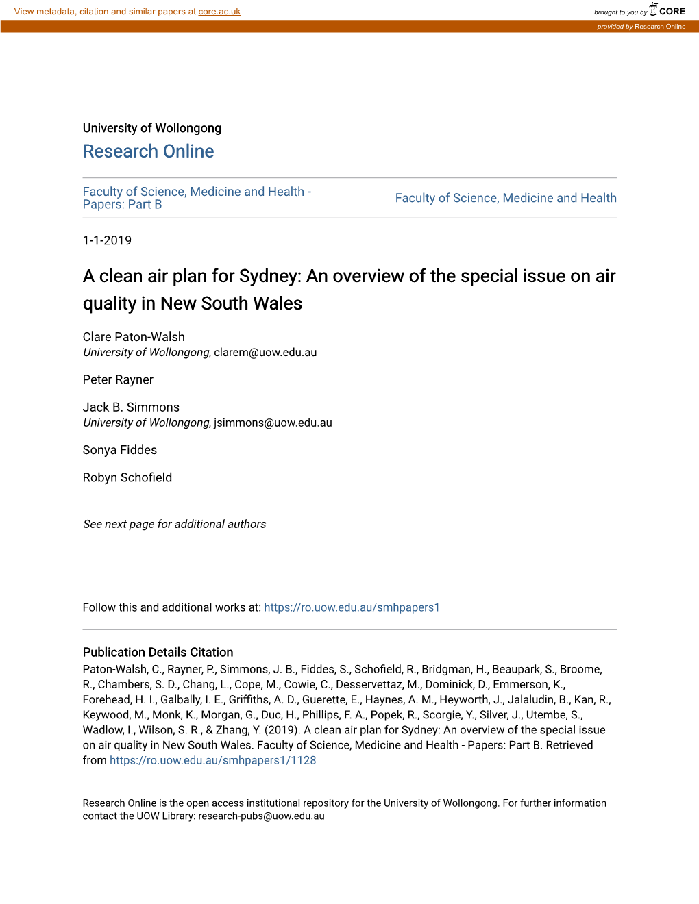 A Clean Air Plan for Sydney: an Overview of the Special Issue on Air Quality in New South Wales