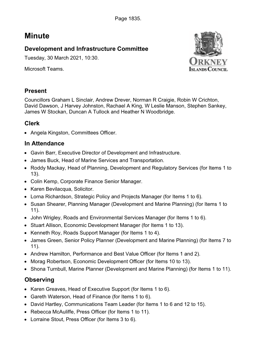 Item 10: Draft Minute Development and Infrastructure Committee