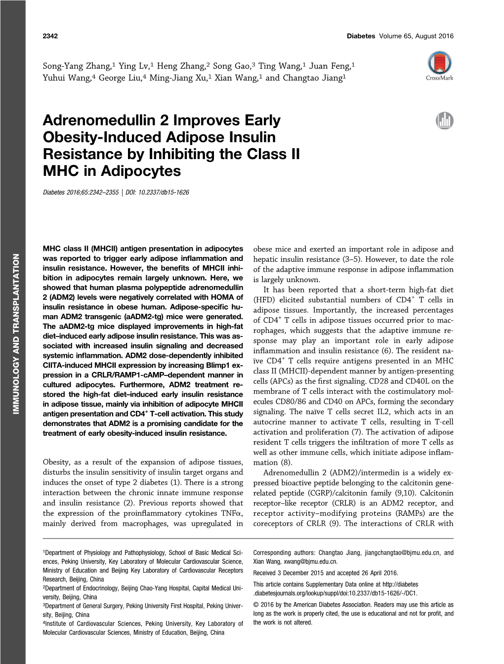 Adrenomedullin 2 Improves Early Obesity-Induced Adipose Insulin Resistance by Inhibiting the Class II MHC in Adipocytes