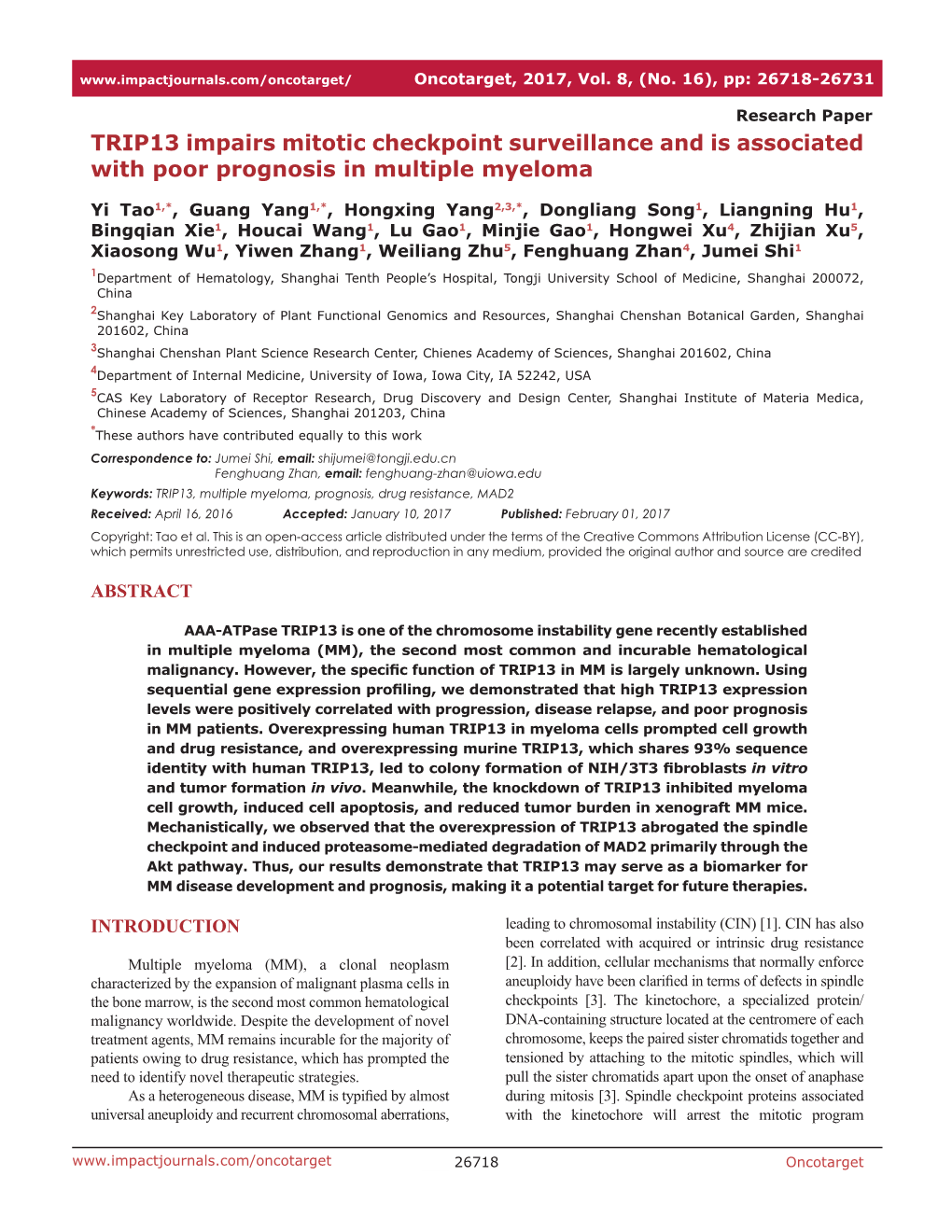 TRIP13 Impairs Mitotic Checkpoint Surveillance and Is Associated with Poor Prognosis in Multiple Myeloma