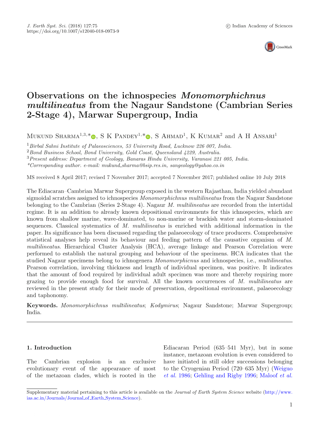 Observations on the Ichnospecies Monomorphichnus Multilineatus from the Nagaur Sandstone (Cambrian Series 2-Stage 4), Marwar Supergroup, India