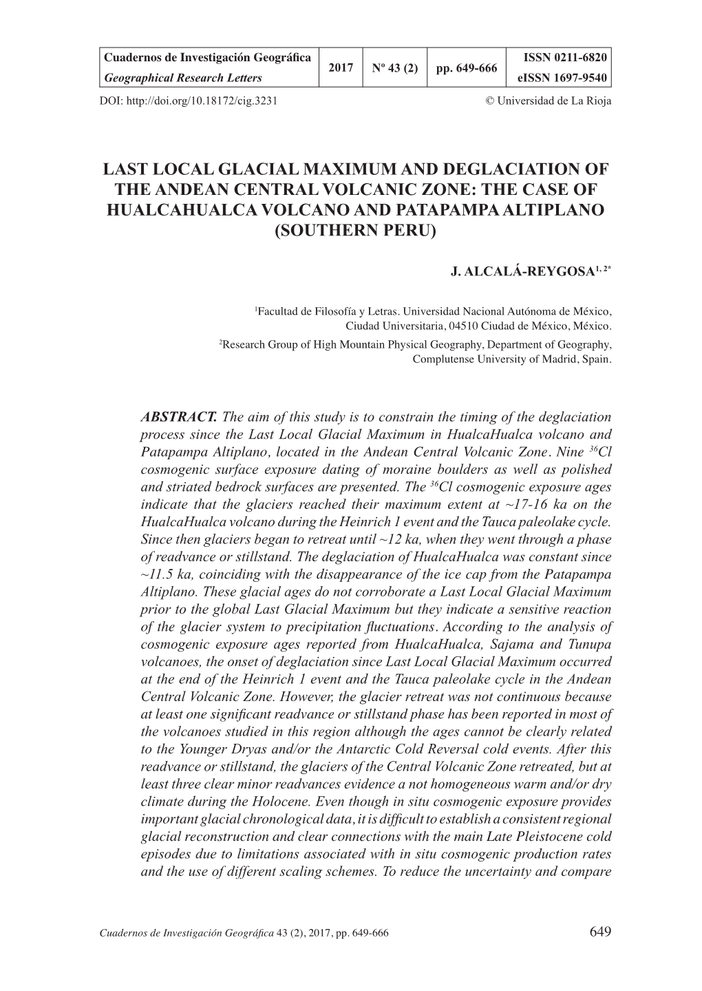 Last Local Glacial Maximum and Deglaciation of the Andean Central Volcanic Zone: the Case of Hualcahualca Volcano and Patapampa Altiplano (Southern Peru)