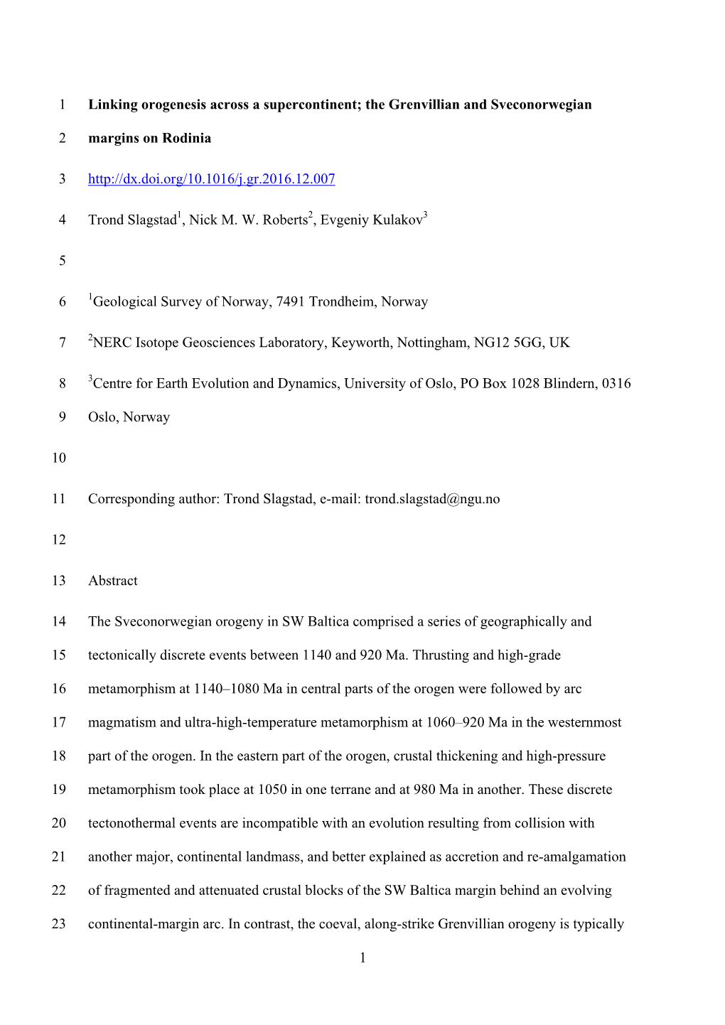 1 Linking Orogenesis Across a Supercontinent; the Grenvillian and Sveconorwegian