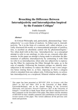 Broaching the Difference Between Intersubjectivity and Intersubjection Inspired by the Feminist Critique1