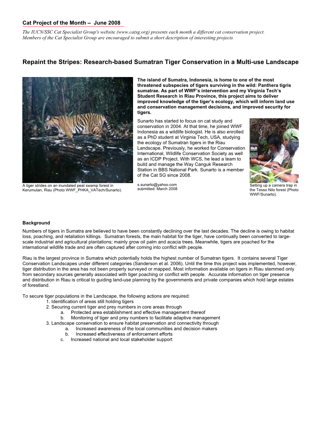 Research-based Sumatran Tiger Conservation In A Multi-use Landscape 