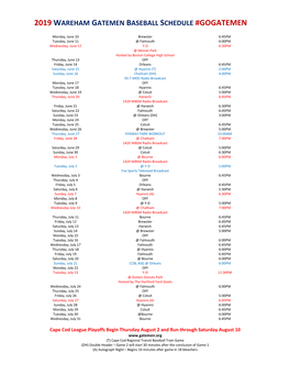 2019 Wareham Gatemen Baseball Schedule #Gogatemen