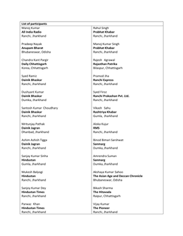 List of Participants Manoj Kumar All India Radio Ranchi, Jharkhand