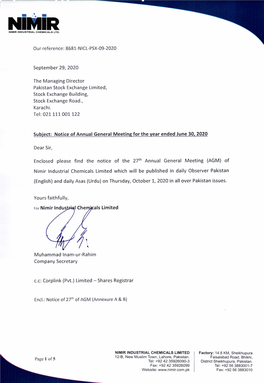 Our Reference: 8681-NICL-PSX-09-2020 September 29,2020 the Managing Director Pakistan Stock Exchange Limited, Stock Exchange