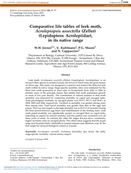 Comparative Life Tables of Leek Moth, Acrolepiopsis Assectella (Zeller) (Lepidoptera: Acrolepiidae), in Its Native Range