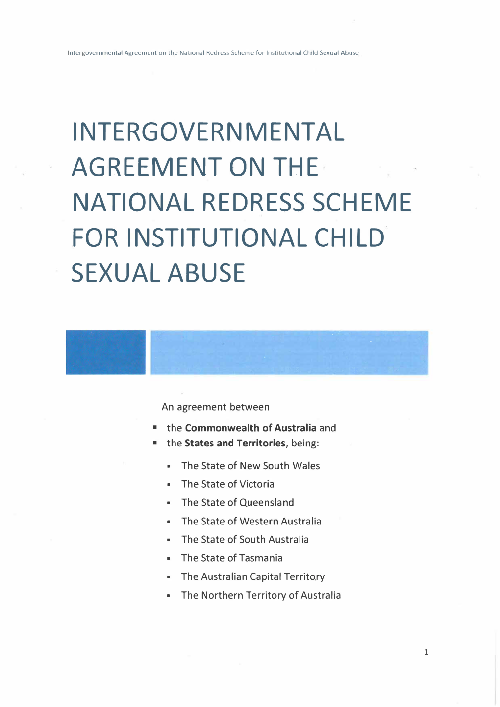 Intergovernmental Agreement on the National Redress Scheme for Institutional Child Sexual Abuse