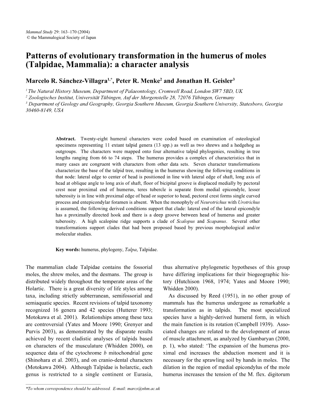 Talpidae, Mammalia): a Character Analysis